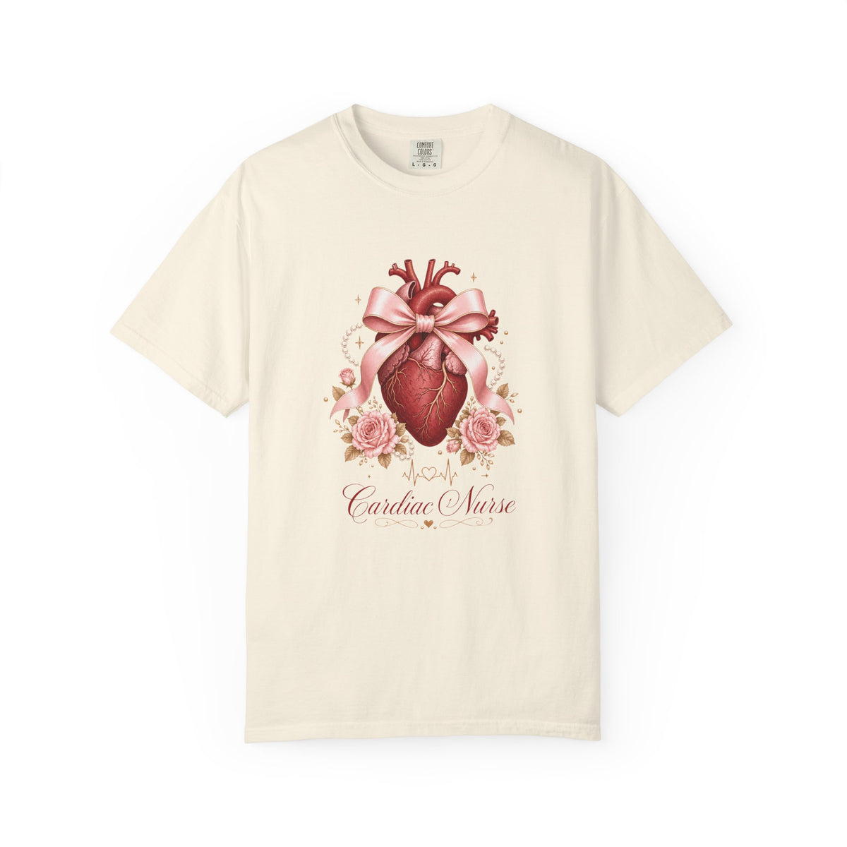 Cardiac Nurse anatomical heart, pink bow and roses Comfort Colors 1717 tee in Ivory