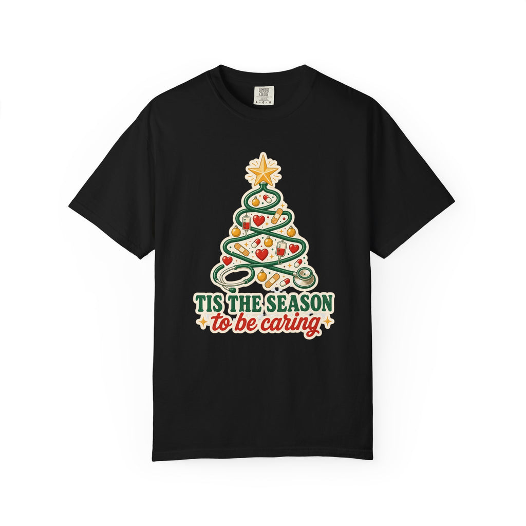 Tis the Season to Be Caring stethoscope Christmas tree Comfort Colors 1717 tee in Black