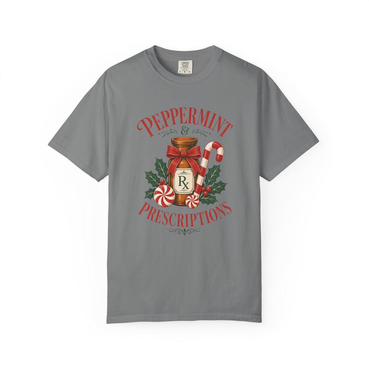 Peppermint and Prescriptions Rx bottle Christmas Comfort Colors 1717 tee in Grey