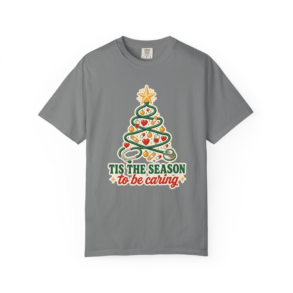 Tis the Season to Be Caring stethoscope Christmas tree Comfort Colors 1717 tee in Grey