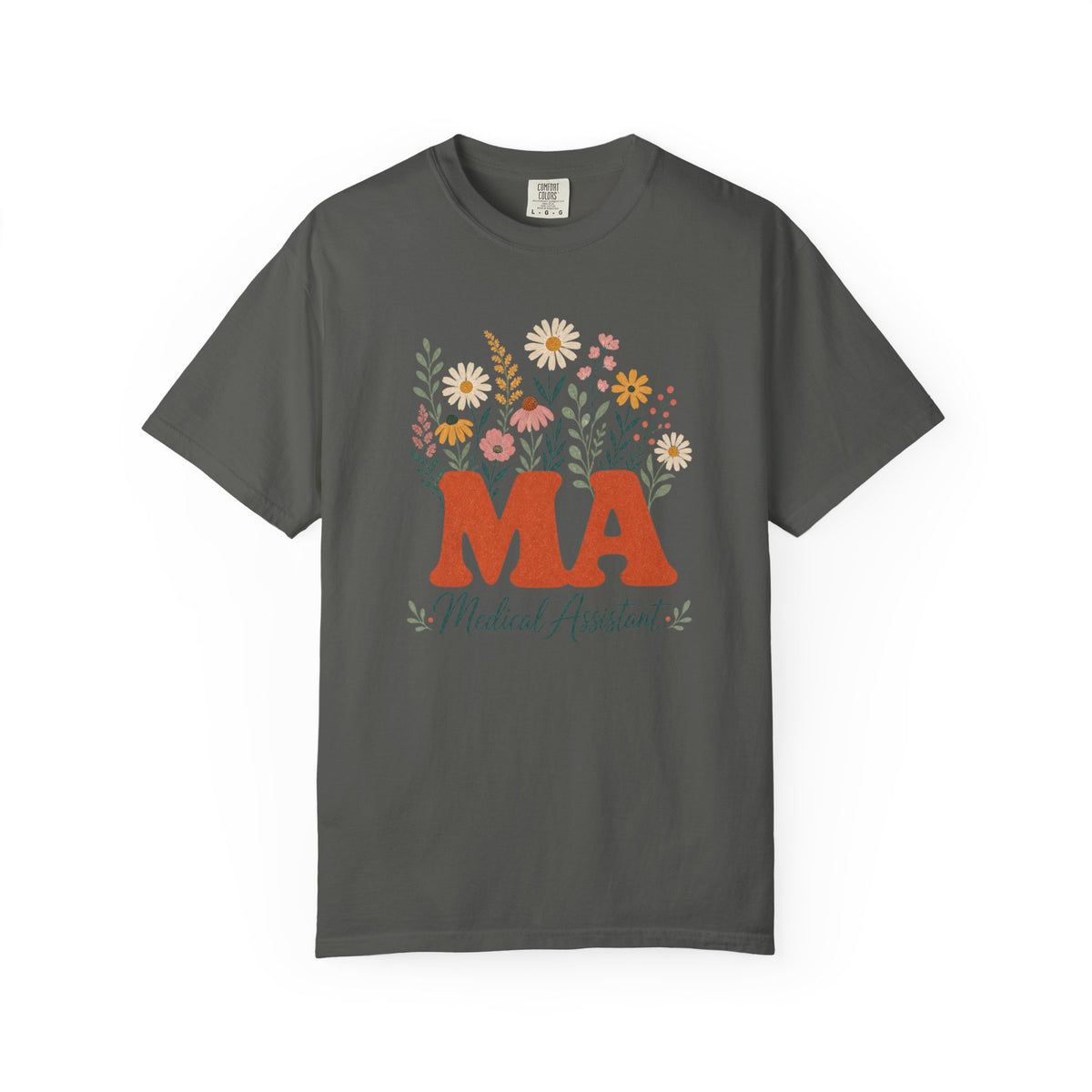 Floral Medical Assistant MA Comfort Colors 1717 tee in Pepper