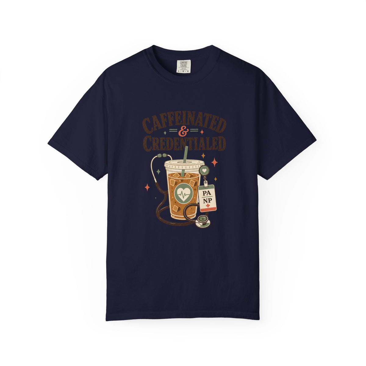 Caffeinated and Credentialed printed Comfort Colors 1717 tee in True Navy