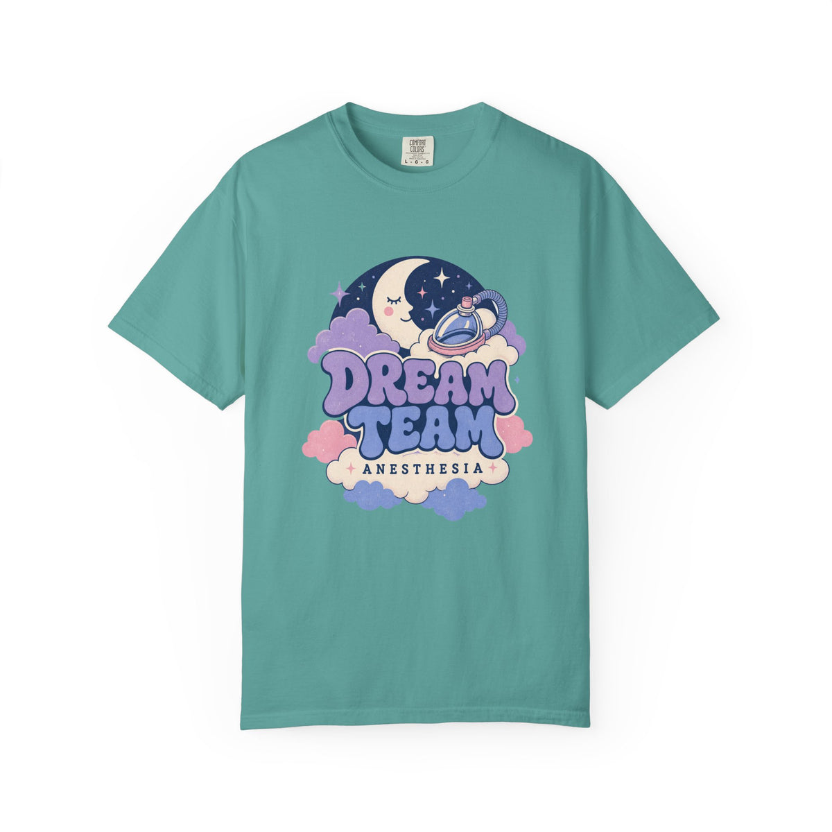 Dream Team Anesthesia moon, clouds and anesthesia mask Comfort Colors 1717 tee in Seafoam