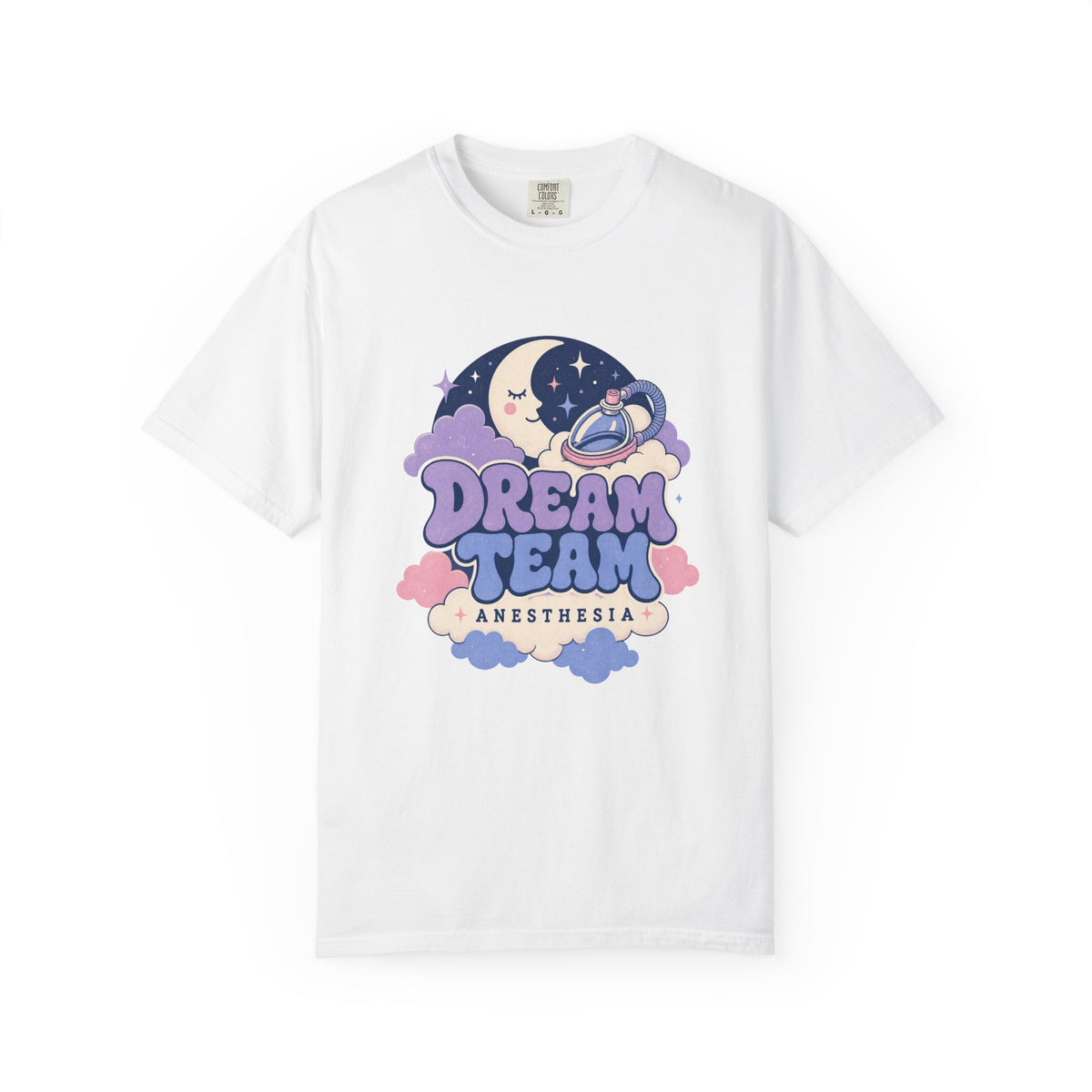 Dream Team Anesthesia moon, clouds and anesthesia mask Comfort Colors 1717 tee in White