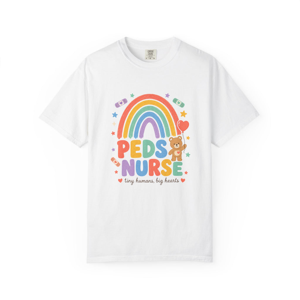 Peds Nurse Shirt, Tiny Humans Big Hearts Comfort Colors Tee in White