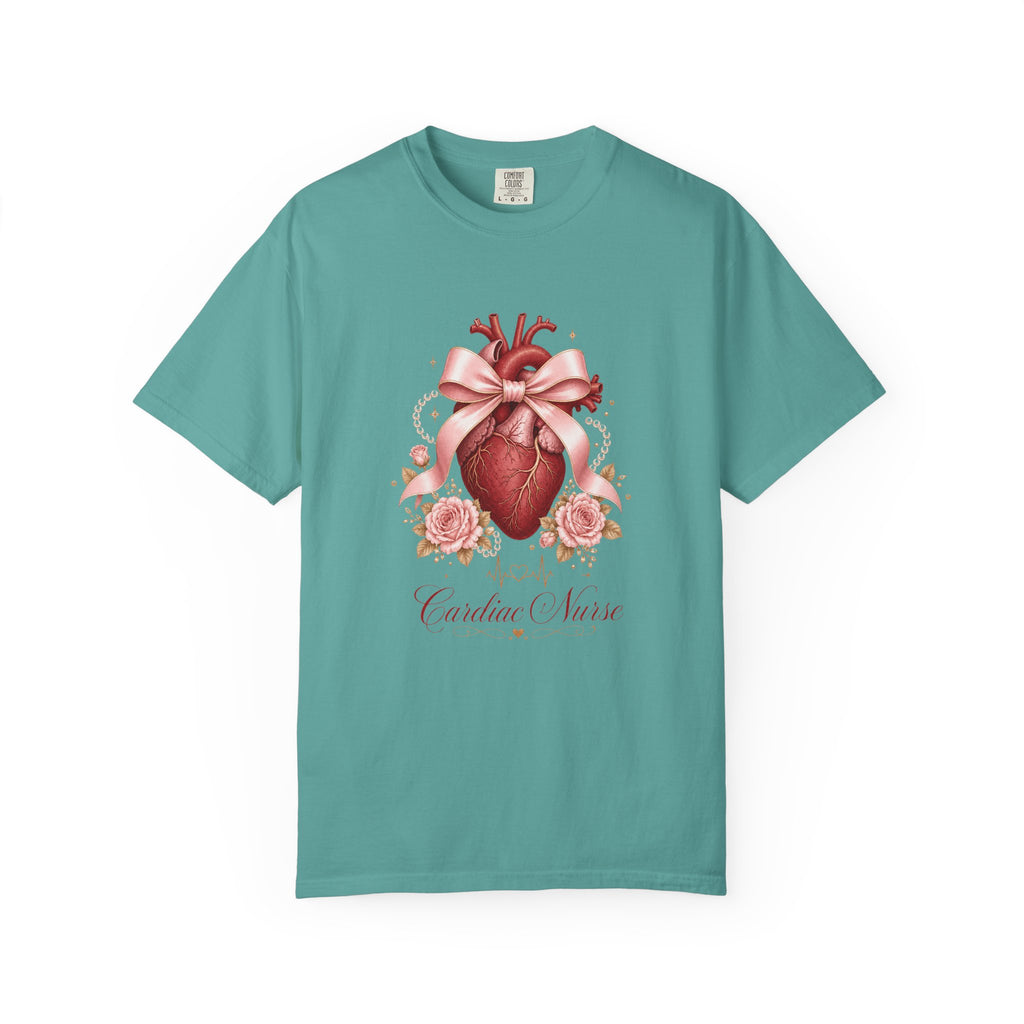 Cardiac Nurse anatomical heart, pink bow and roses Comfort Colors 1717 tee in Seafoam
