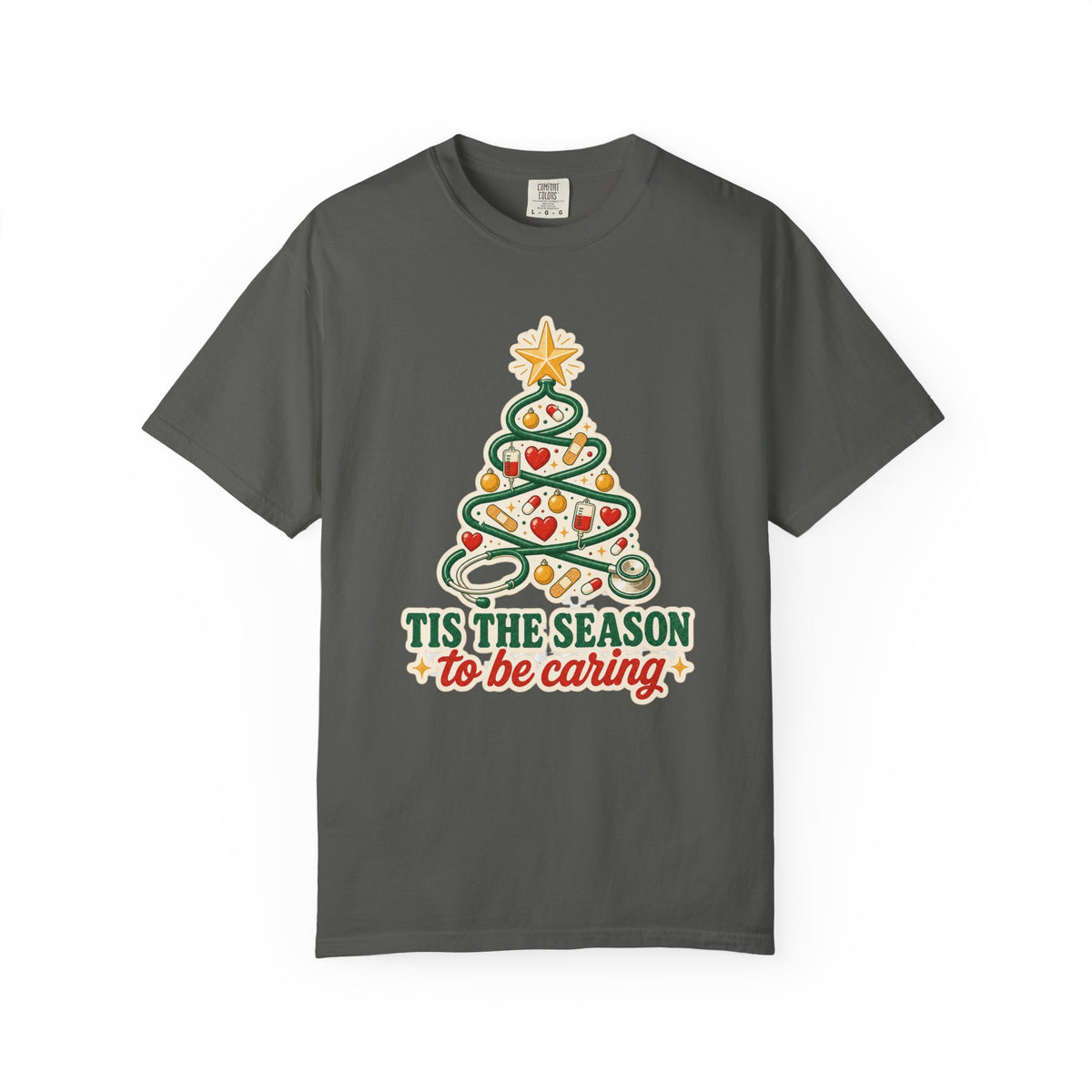 Tis the Season to Be Caring stethoscope Christmas tree Comfort Colors 1717 tee in Pepper