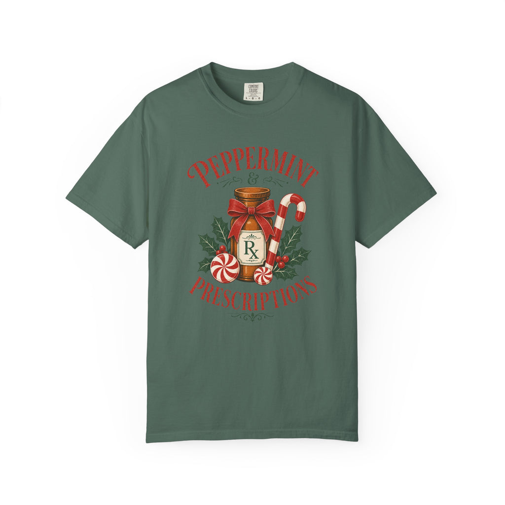 Peppermint and Prescriptions Rx bottle Christmas Comfort Colors 1717 tee in Blue Spruce
