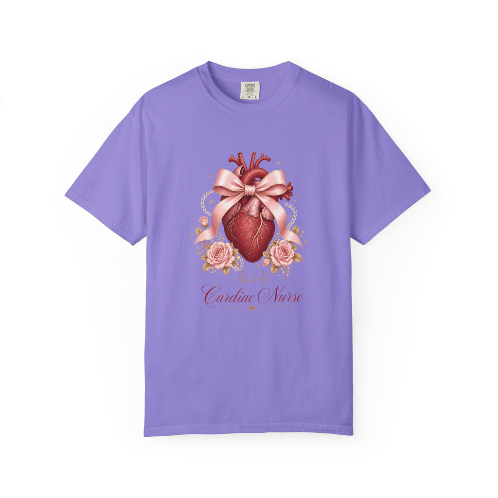 Cardiac Nurse anatomical heart, pink bow and roses Comfort Colors 1717 tee in Violet