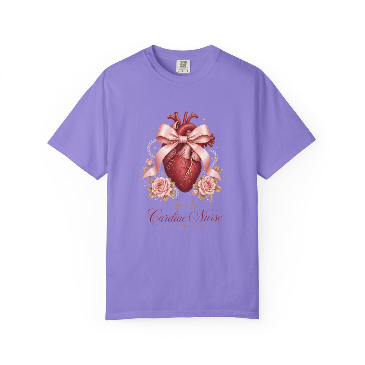 Cardiac Nurse anatomical heart, pink bow and roses Comfort Colors 1717 tee in Violet
