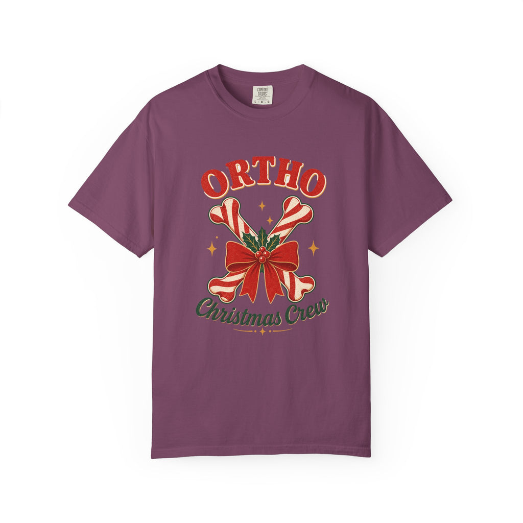 Ortho Christmas Crew candy-cane bones Comfort Colors 1717 tee in Berry
