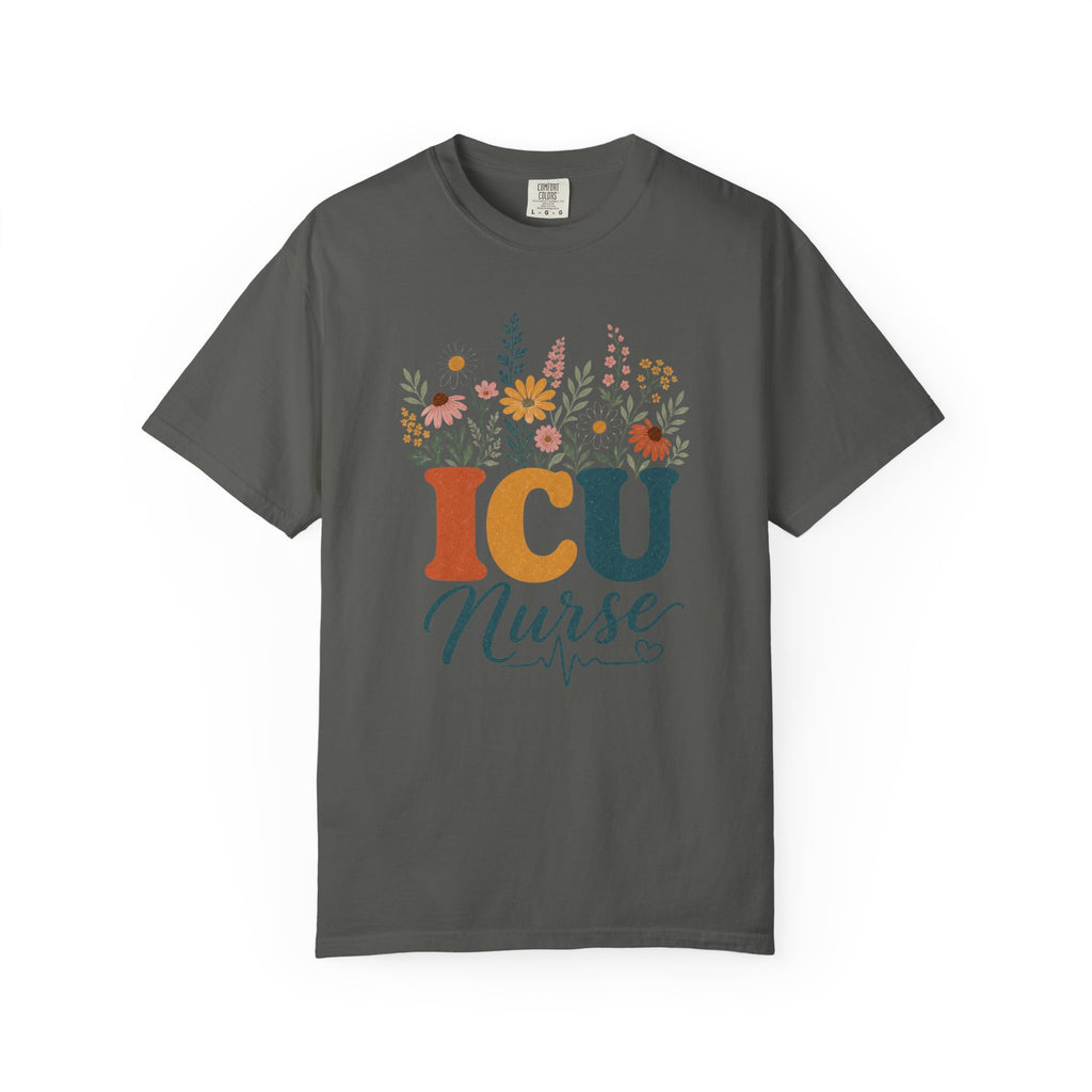 Wildflower ICU Nurse Comfort Colors 1717 tee in Pepper
