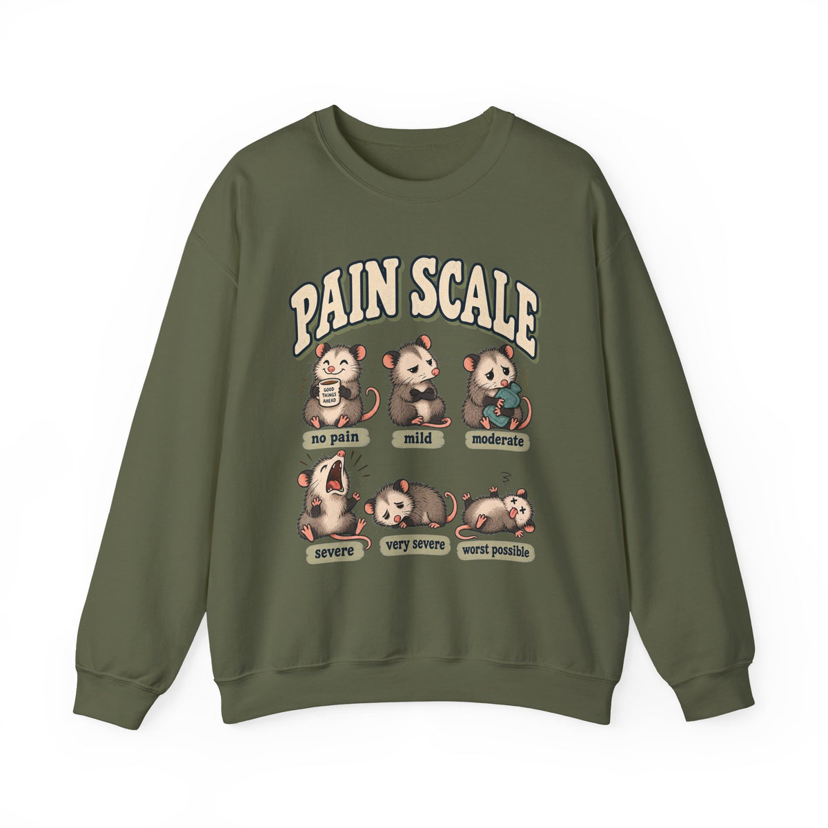 Pain Scale Opossum Sweatshirt in Military Green