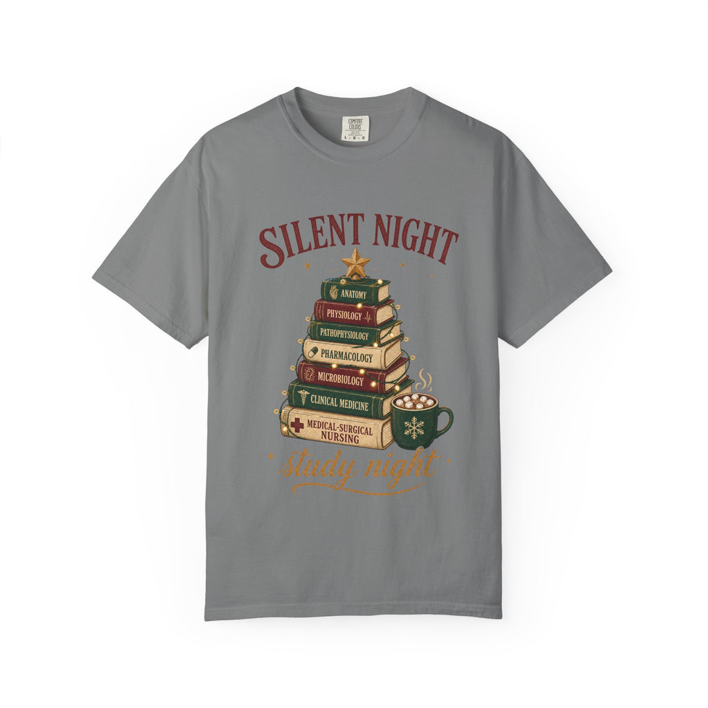 Silent Night Study Night medical textbook Christmas tree Comfort Colors 1717 tee in Grey