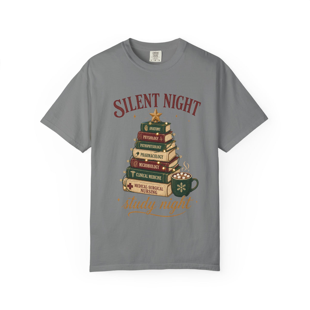 Silent Night Study Night medical textbook Christmas tree Comfort Colors 1717 tee in Grey