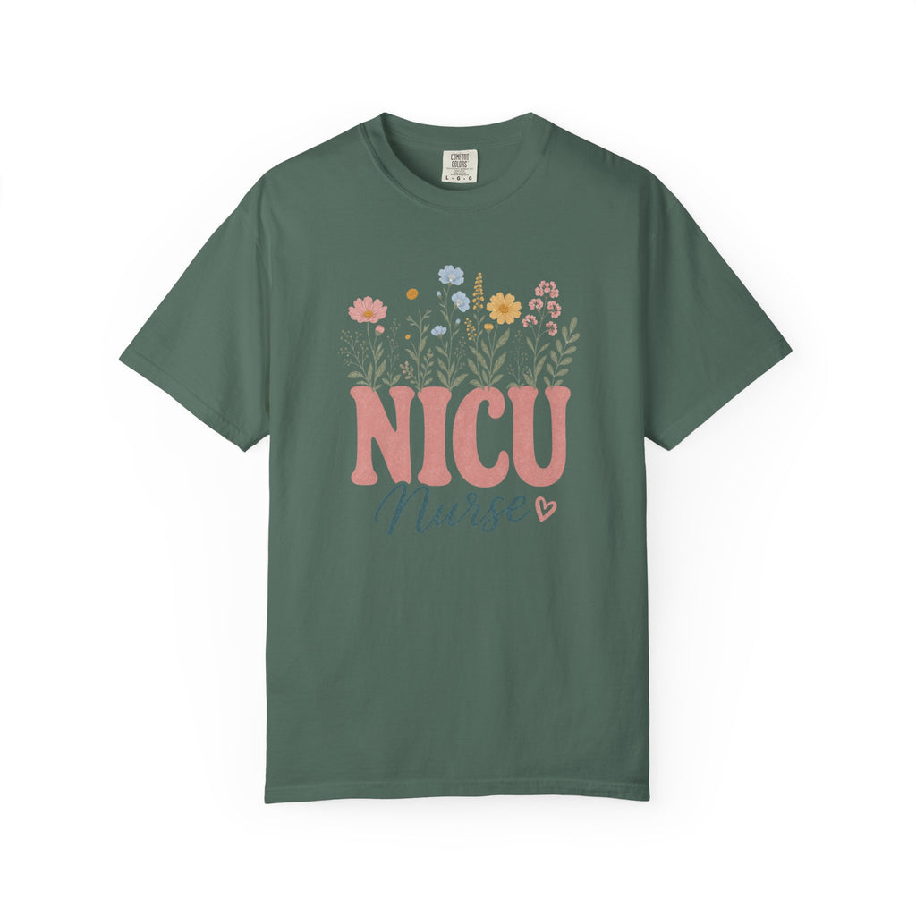 Pastel wildflower NICU Nurse Comfort Colors 1717 tee in Blue Spruce