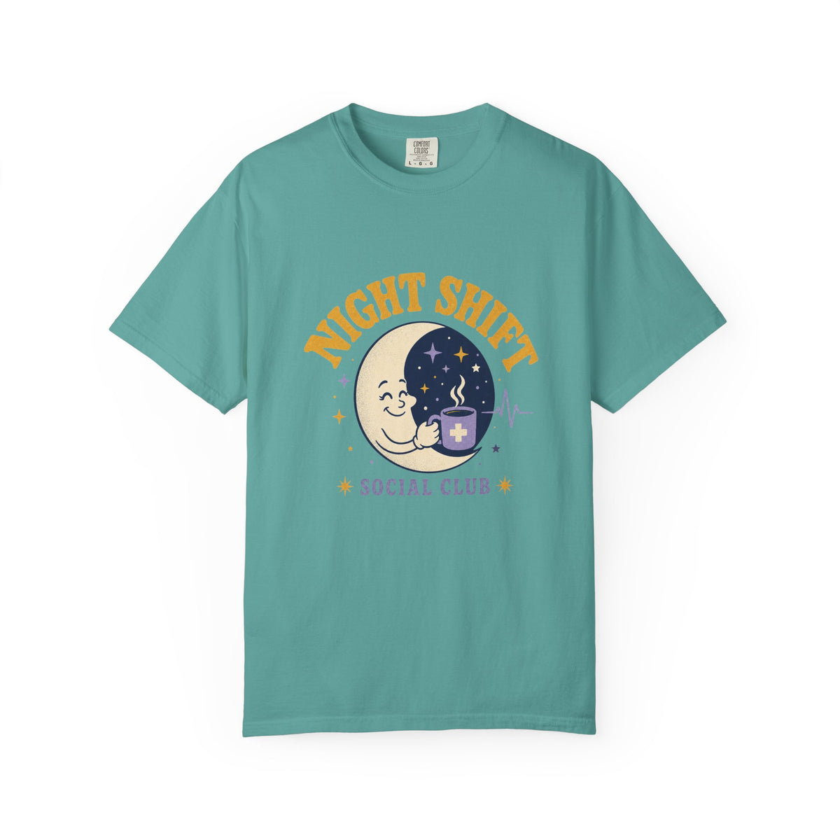Night Shift Social Club moon and coffee Comfort Colors 1717 tee in Seafoam