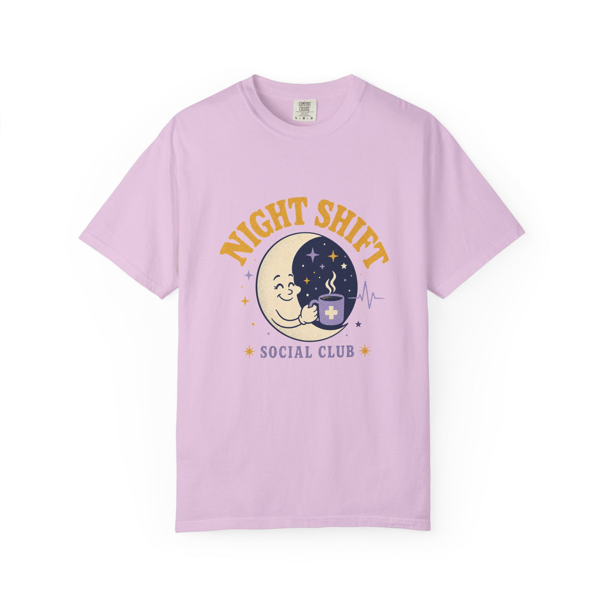 Night Shift Social Club moon and coffee Comfort Colors 1717 tee in Orchid