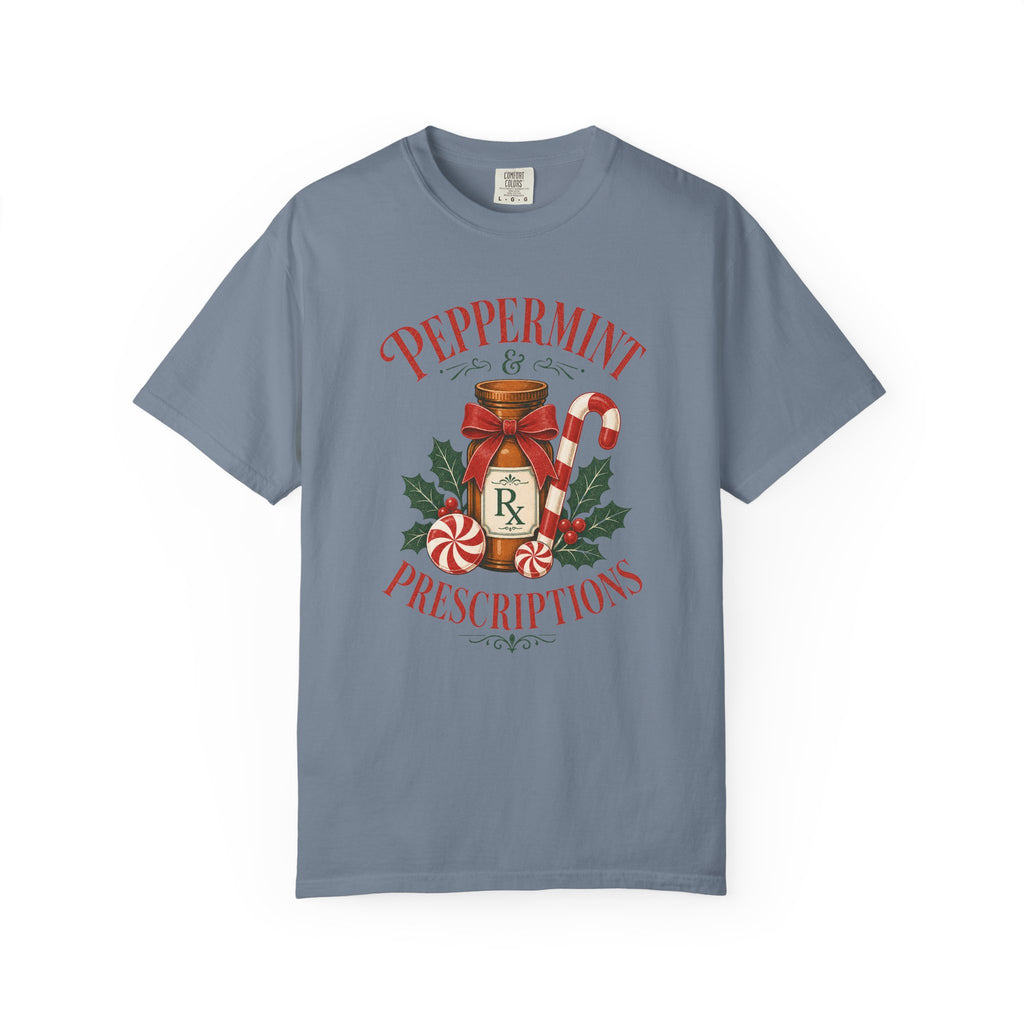 Peppermint and Prescriptions Rx bottle Christmas Comfort Colors 1717 tee in Blue Jean