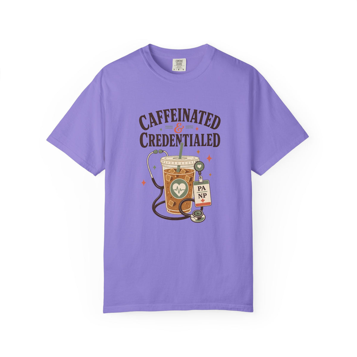Caffeinated and Credentialed printed Comfort Colors 1717 tee in Violet