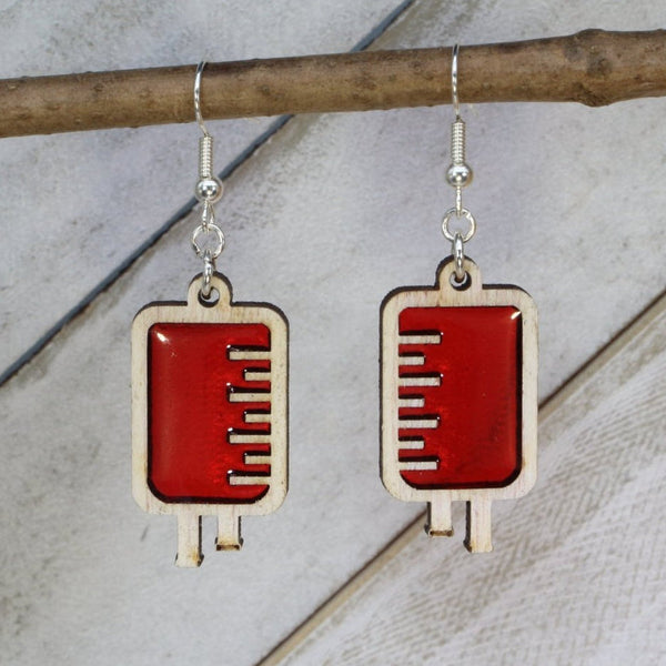Blood Bag Wooden Earrings | Medical Nurse Jewelry