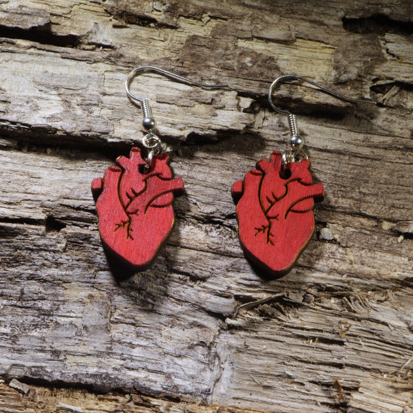 Anatomical Heart Wooden Dangle Earrings | Medical Anatomy Jewelry