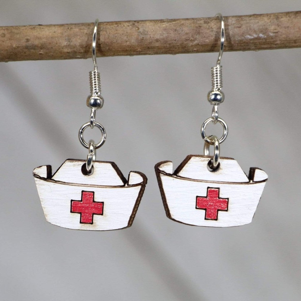 Nurse Hat Wooden Dangle Earrings | Medical Jewelry Gift