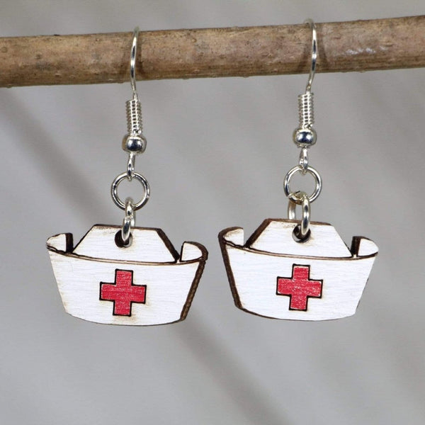 Nurse Hat Wooden Dangle Earrings | Medical Jewelry Gift