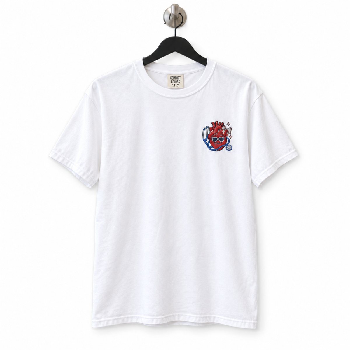 Cute Anatomical Heart Embroidered Shirt on hanger against white background