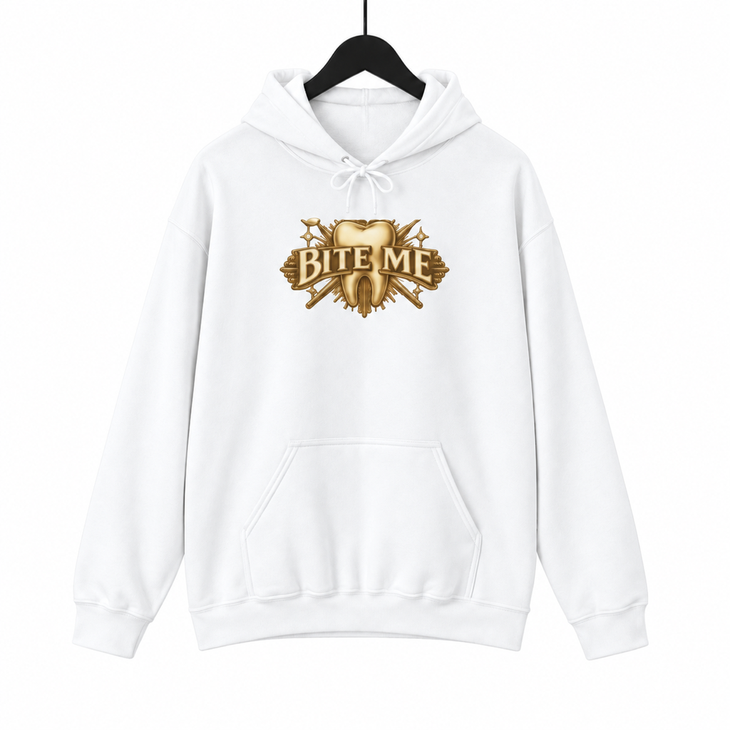 Bite Me Crest hoodie on a hanger against a white background