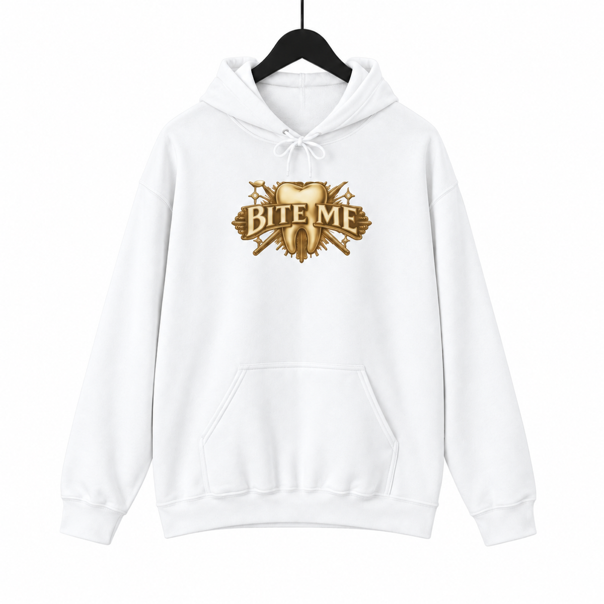 Bite Me Crest hoodie on a hanger against a white background