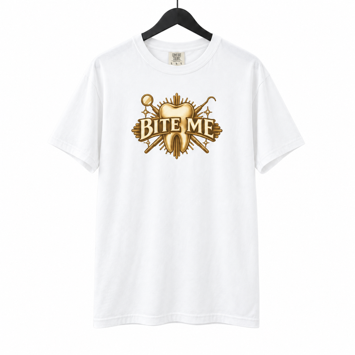 Bite Me Crest shirt on a hanger against a white background