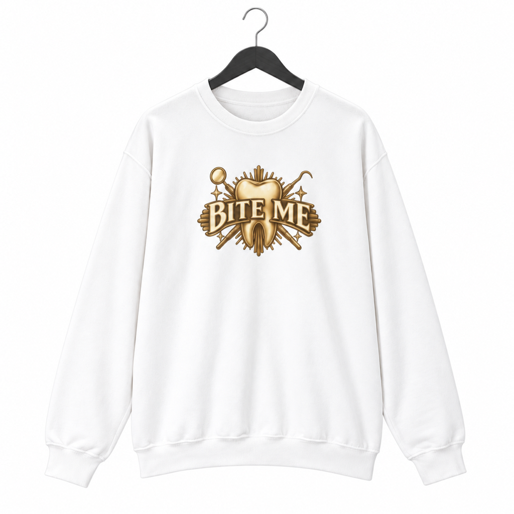 Bite Me Crest sweatshirt on a hanger against a white background
