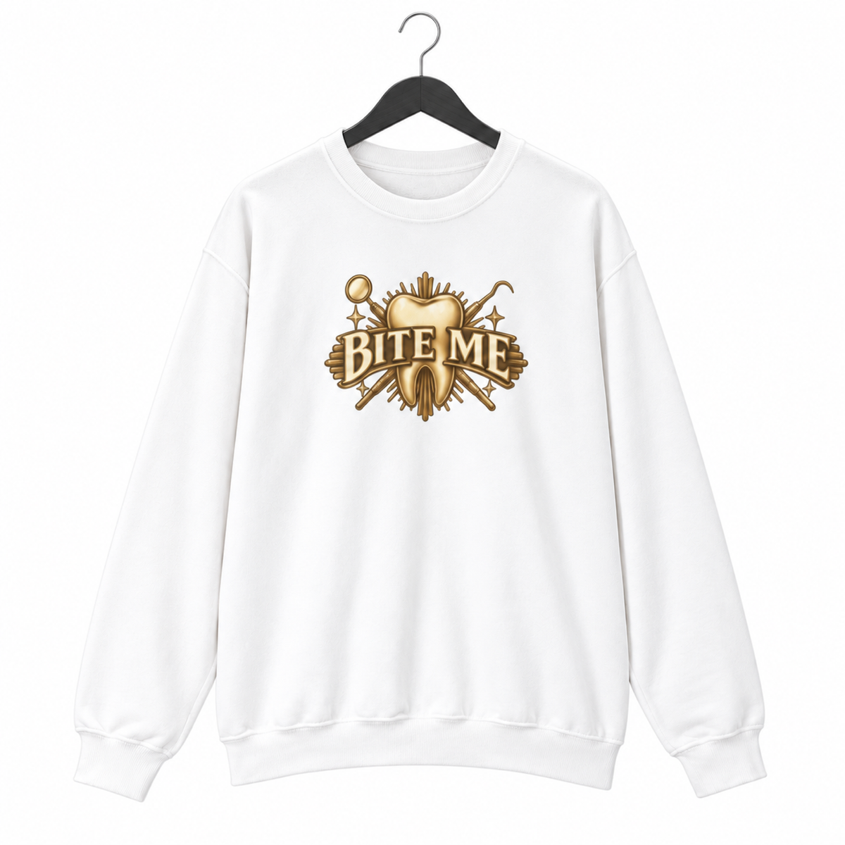 Bite Me Crest sweatshirt on a hanger against a white background