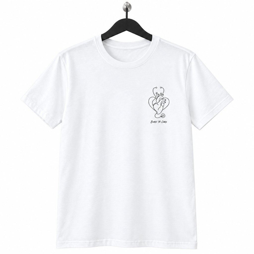Born to Care shirt on black hanger against white background