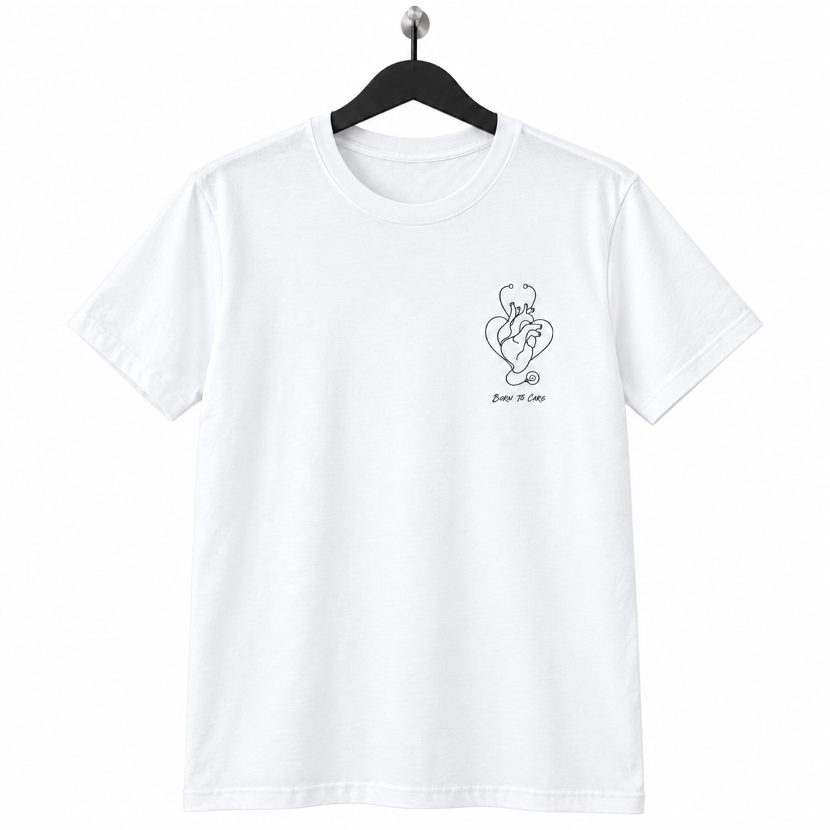 Born to Care shirt on black hanger against white background
