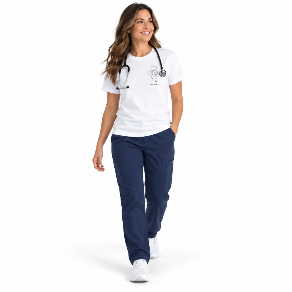 Born to Care shirt worn by a nurse in navy scrubs on a white background