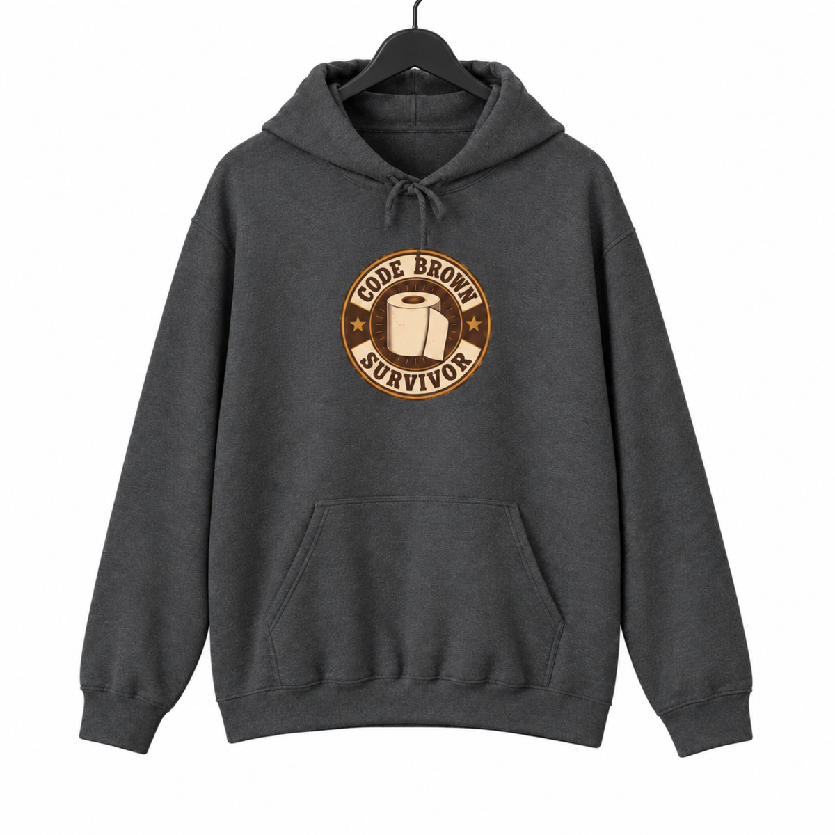 Code Brown Survivor Hoodie | Funny Nurse & CNA Gift on a hanger against a white background