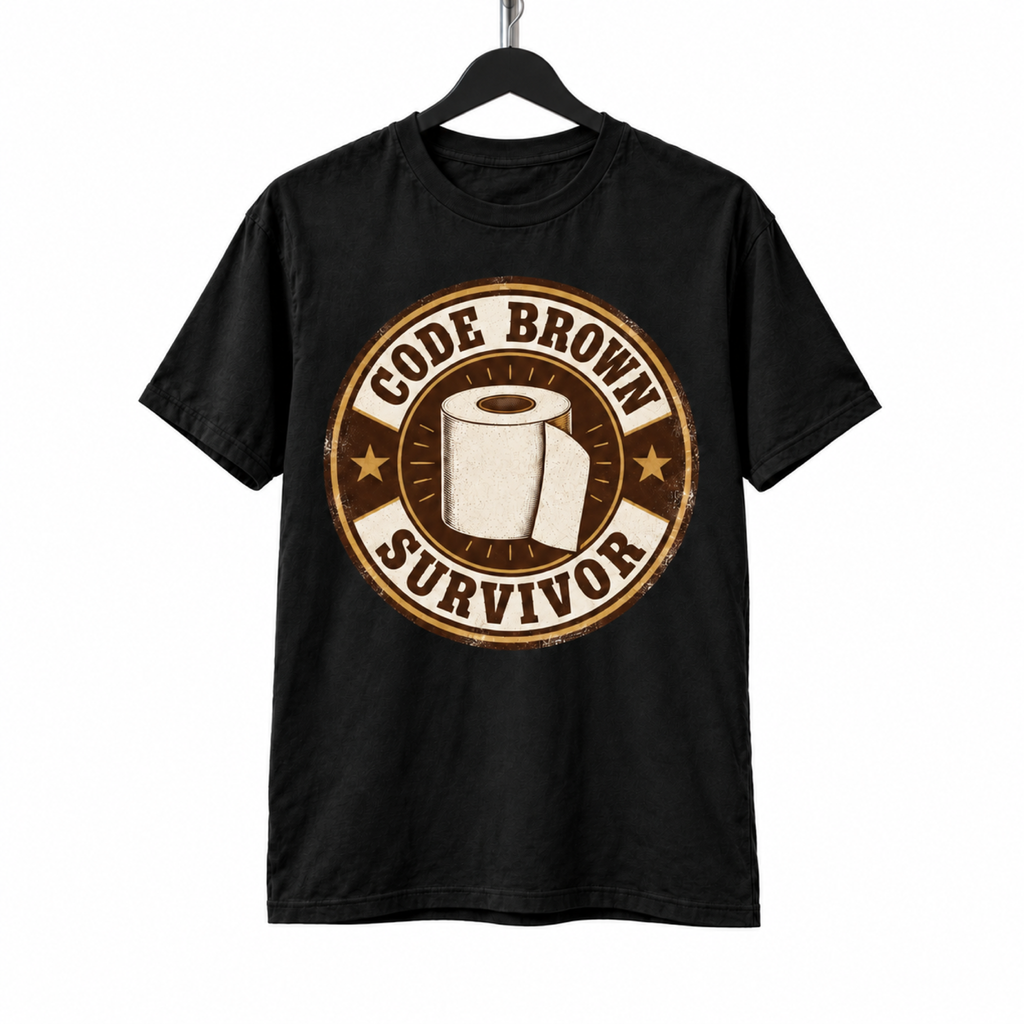 Code Brown Survivor Shirt on a hanger against a white background