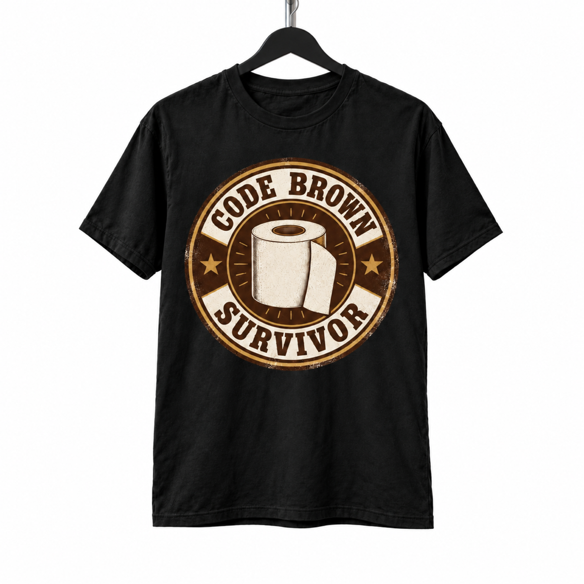 Code Brown Survivor Shirt on a hanger against a white background