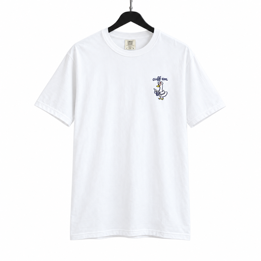 Coffee Goose Embroidered Shirt on a hanger against a pure white background