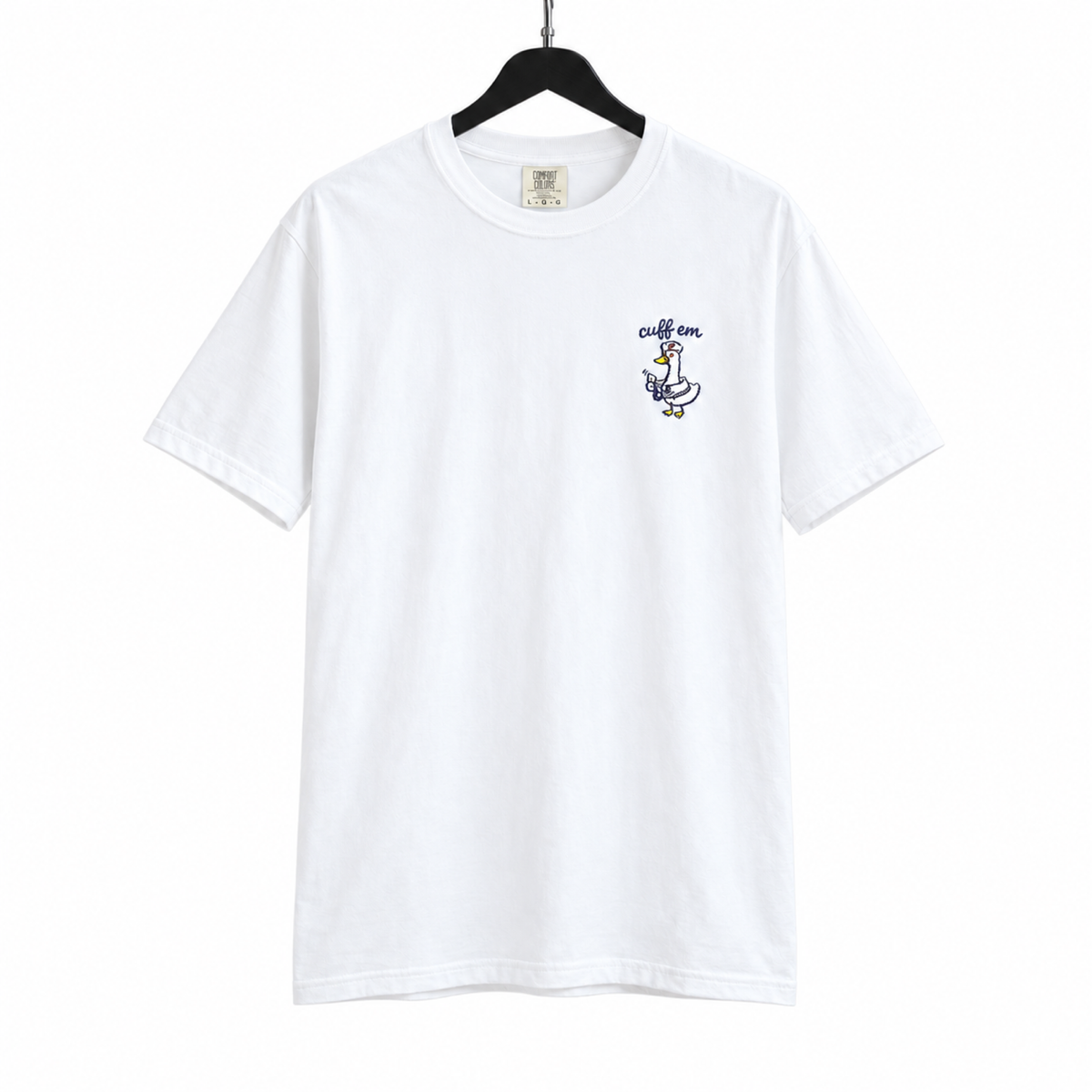 Coffee Goose Embroidered Shirt on a hanger against a pure white background