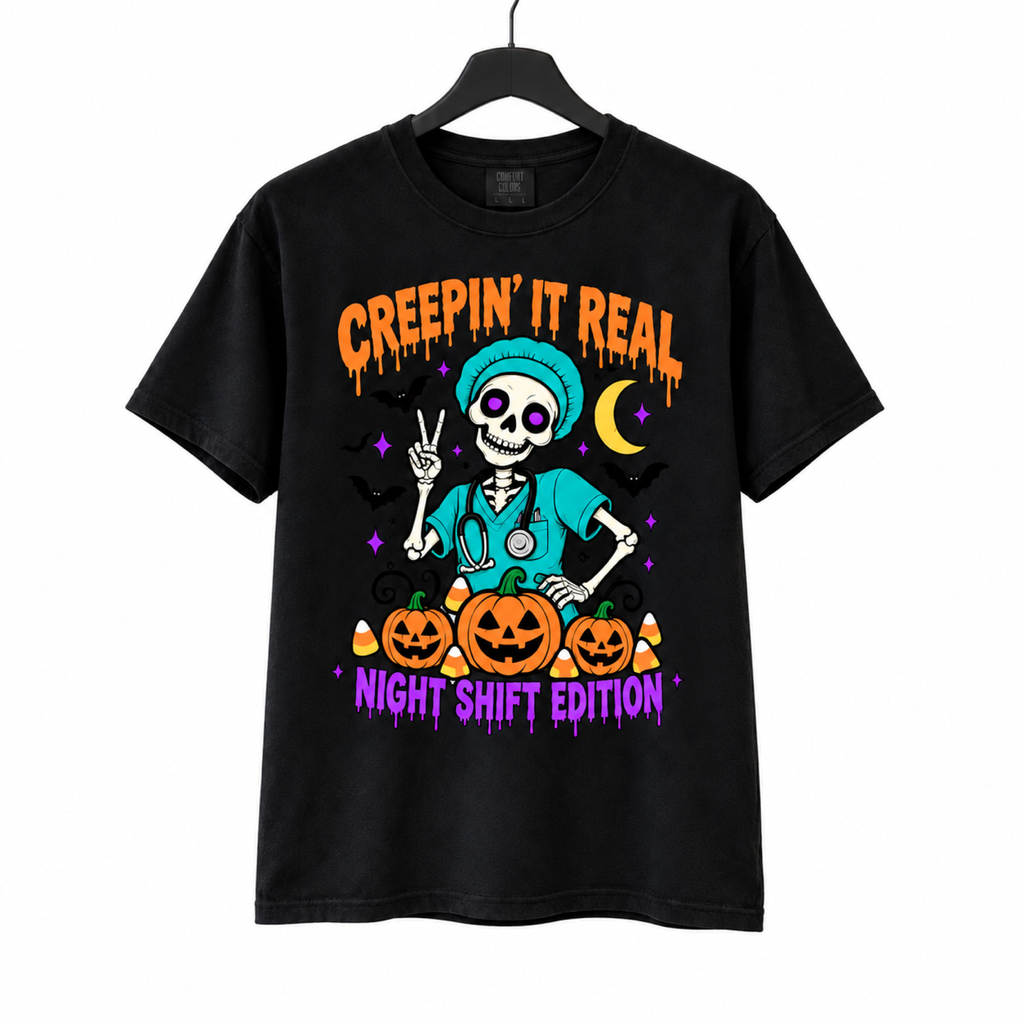 Creepin' It Real Night Shift Shirt on a hanger against a pure white background