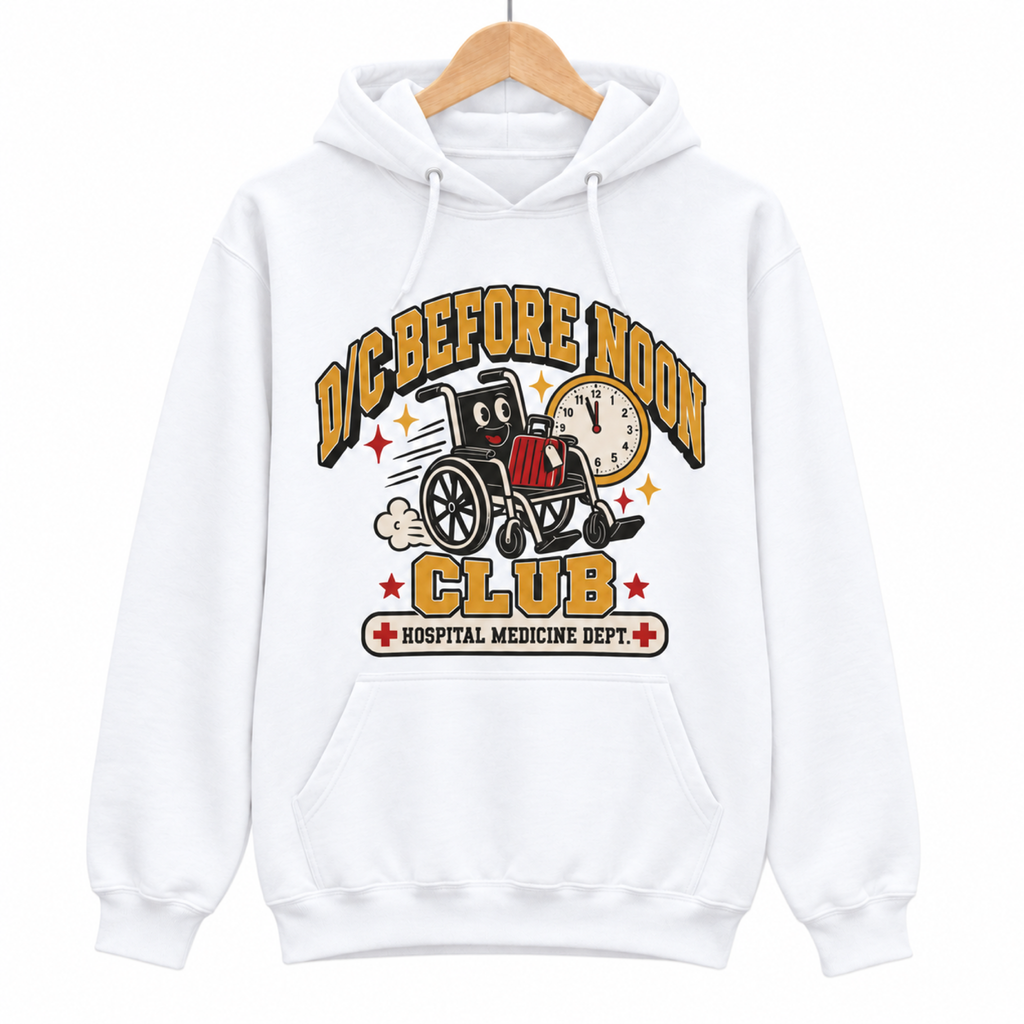 D/C Before Noon Club Hoodie on a hanger against a white background