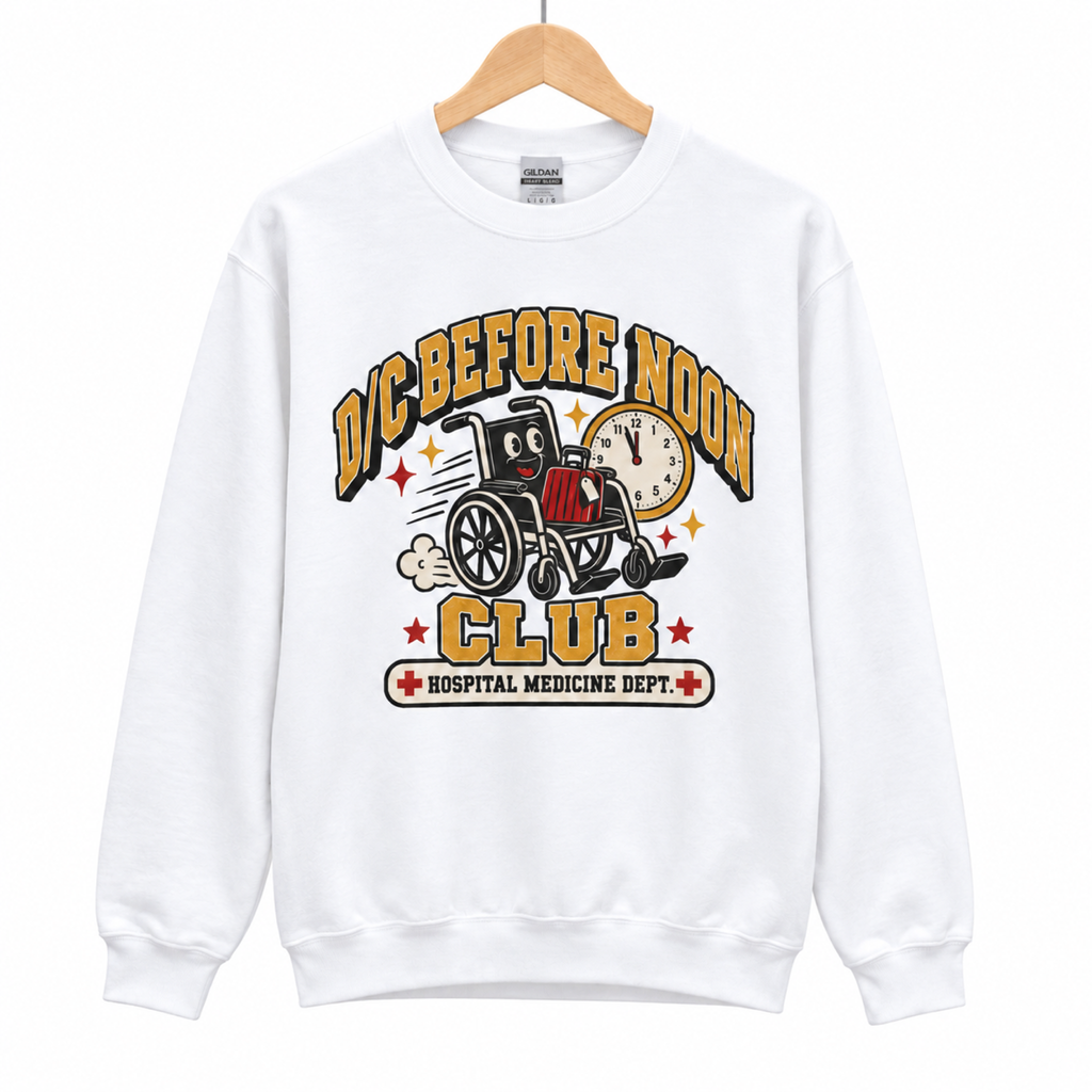 D/C Before Noon Club Sweatshirt on a hanger against a white background
