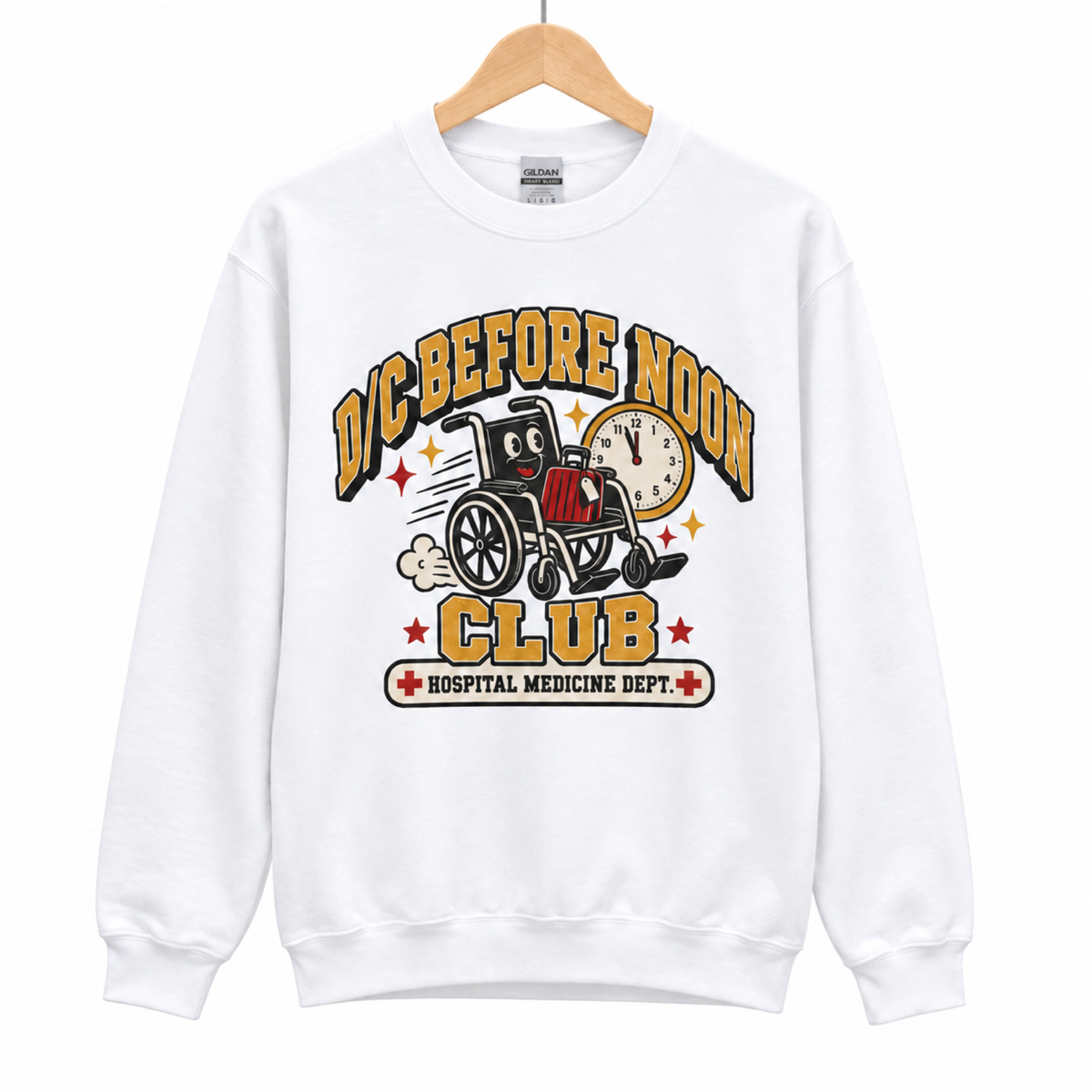D/C Before Noon Club Sweatshirt on a hanger against a white background