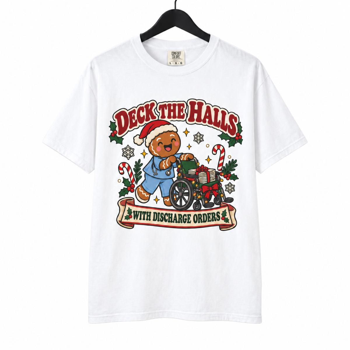 Deck the Halls with Discharge Orders Shirt on a hanger against a pure white background