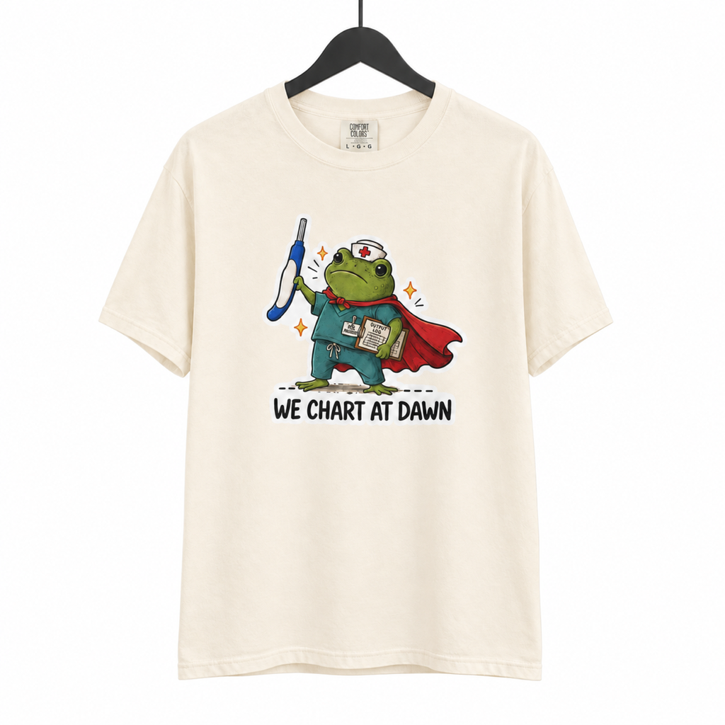 We Chart at Dawn Frog Shirt on hanger, white background
