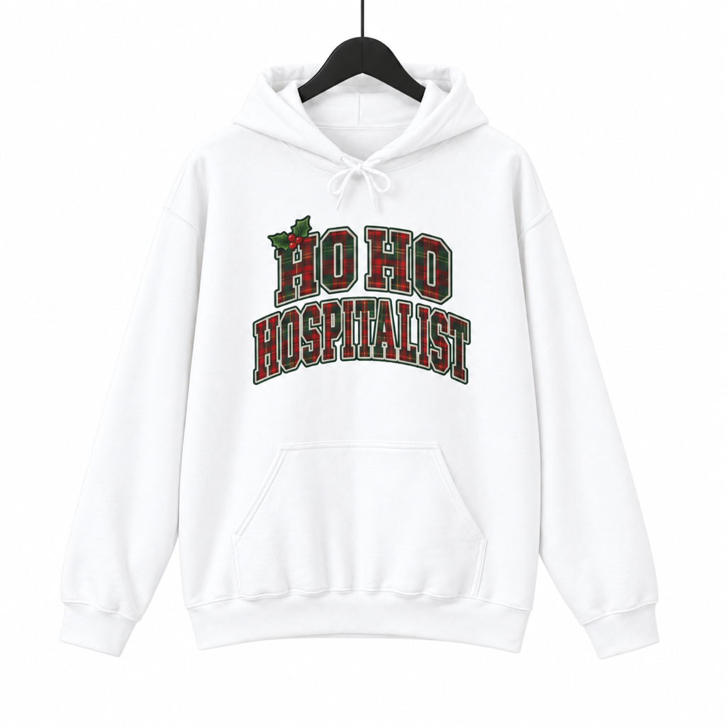 Ho Ho Hospitalist Plaid Hoodie on a hanger against a white background