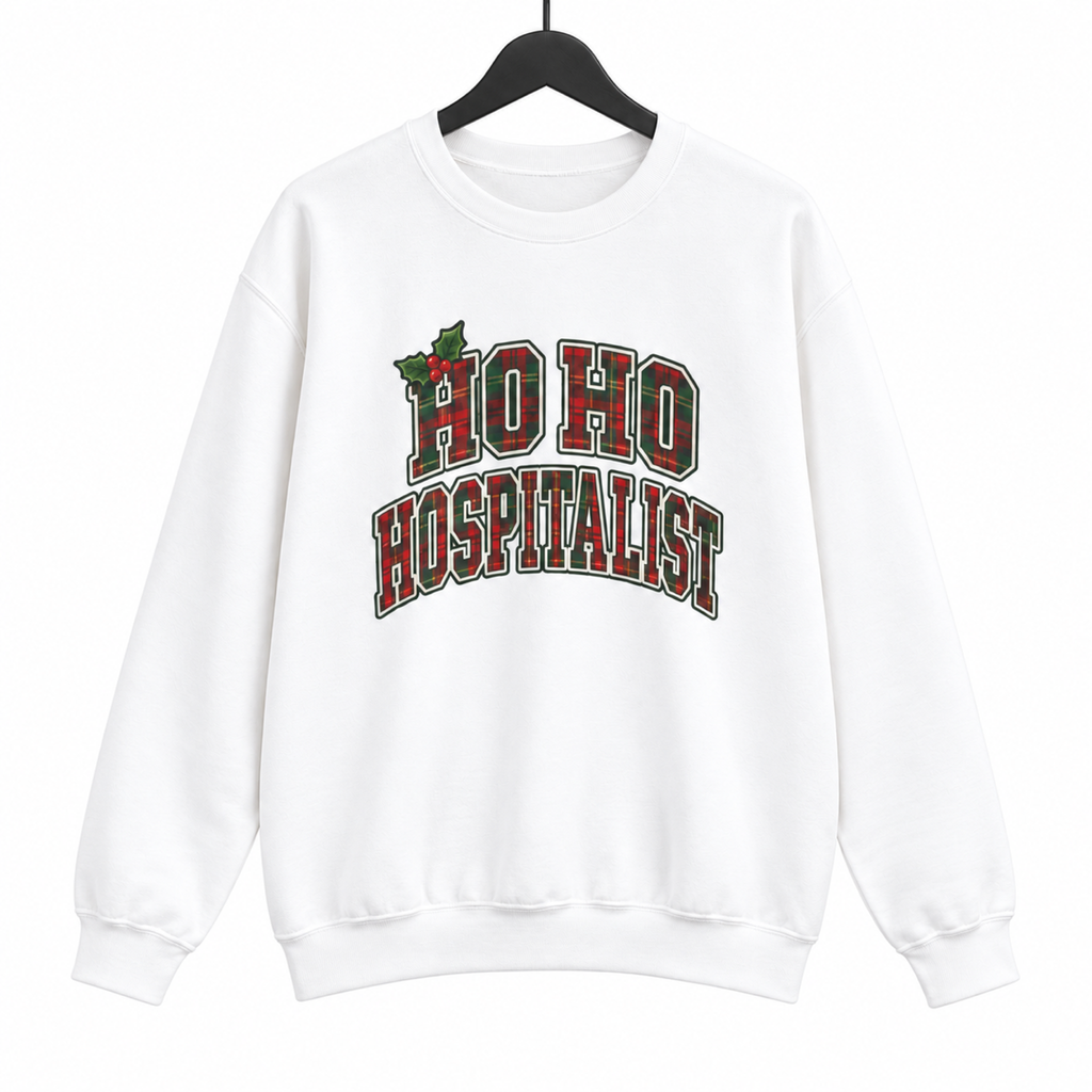 Ho Ho Hospitalist Plaid Sweatshirt on a hanger against a white background